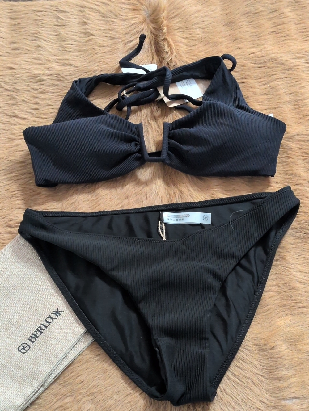 Berlook Black Ribbed Halter Bikini Set